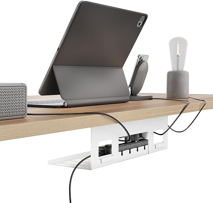 PEGZONE Under Desk Cable Management Tray, 15.7 Inches Metal Cord Organizer Rack, Desk Tray for Power Strip, Cord, Wire, Easy Mounting Cable Management Under Table for Home Office, White