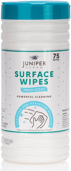 Juniper CLEAN 1 Pack Surface Cleaning Wipes Bleach Free, All-Purpose Cleaner for Bathroom, Kitchen, Office, 75 Count Canister, 7.5" x 7" Sheet, Fresh Scent, Lint Free & Durable