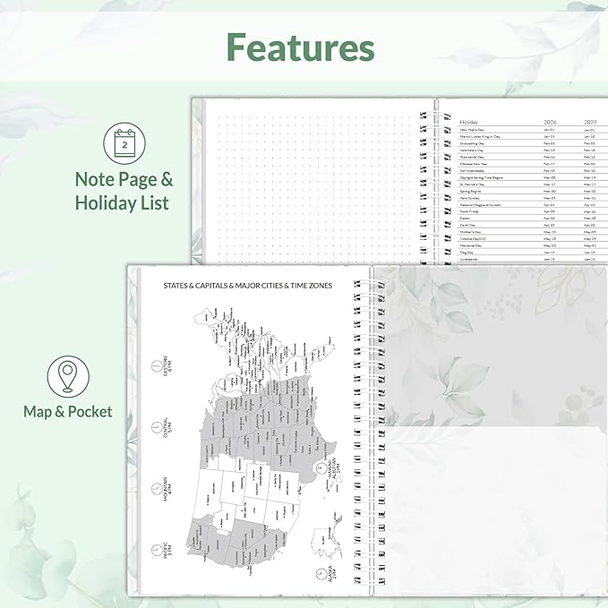 SUNEE 2026 Planner, Weekly and Monthly Calendar Planner, January 2026-December 2026, Daily Agenda with Tabs, Note Pages, Spiral Binding, 6.4"x8.3", Leaf