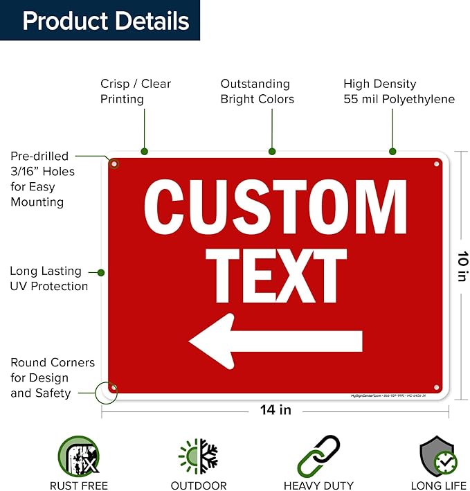 Custom Arrow,Custom Directional Sign, Left Arrow,10x14 Inches, 55 mil thick HDPE (high density polyethylene), Made in USA by My Sign Center