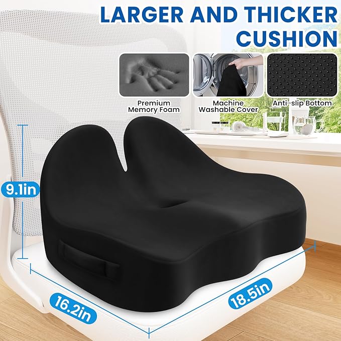 DailyCuddles Seat Cushion, Chair Cushions for Office Chairs/Desk Seats/Wheelchair - Hip&Sciatica&Tailbone Pain Relief Memory Foam Office Chair Cushion for Long Sitting Office Workers, Black