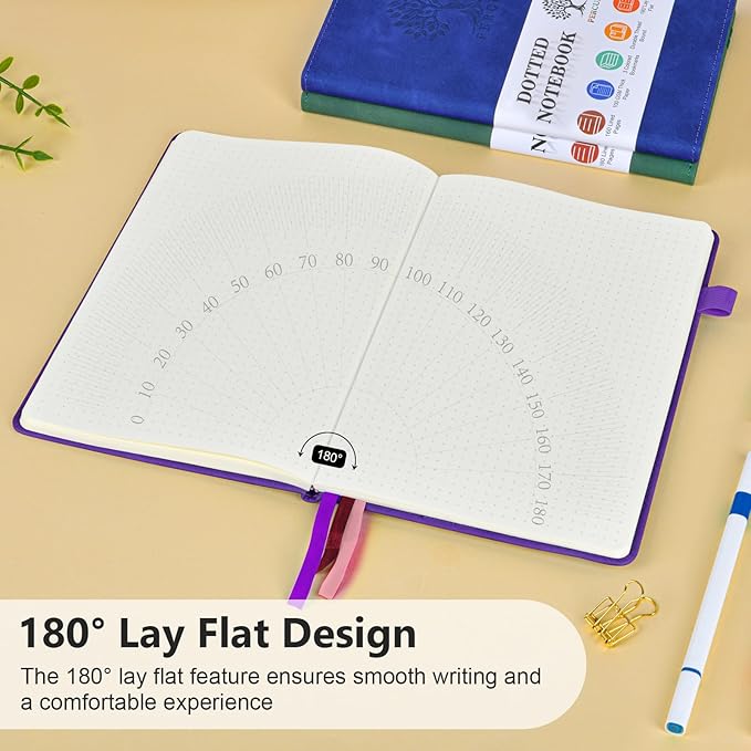 PERCUN Dotted Journal Notebook for Men & Women, 160 Pages Dot Grid notebook for Note Taking, Bullet Journaling Notebook for Work, School, Travel, Writing, A5 Hardcover 5.9" x 8.5" (Purple)