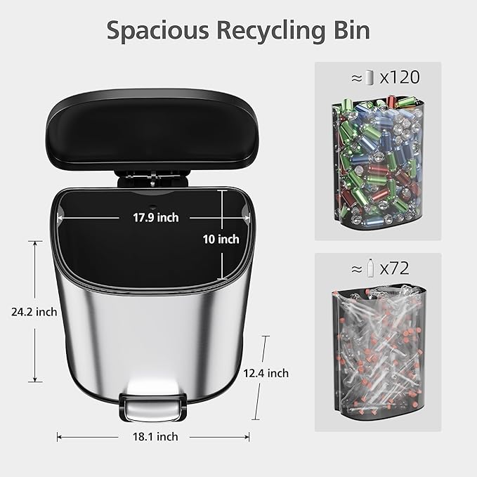 50L / 13.2 Gallon D-Shaped Stainless Steel Step Trash Can, Soft-Close Lid, Removable Inner Bin, Fingerprint Resistant, Space-Saving Garbage Bin for Kitchen, Bathroom, Outdoor, Home Office, Compost