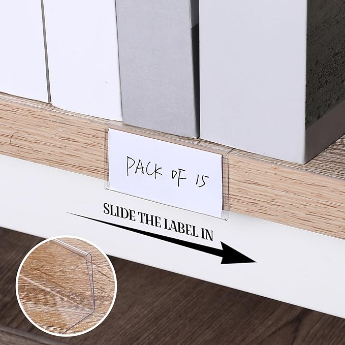Containlol 15 Pieces Moveable Shelf Label Holders Clear Shelves Tags Moveable Library Markers Transparent Shelf Label Display Holder for Classroom Office Library Book Shelves(6.5 x 2 x 1 Inch)