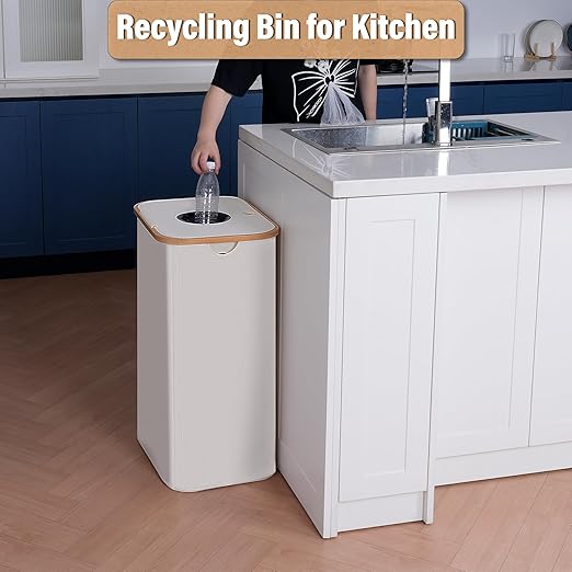 efluky Recycling Bin 100L, 26 Gallon Recycle Bins for Kitchen Indoor Outdoor Home with 2 Removeable and Reusable Inner Bag, Tall Recycle bin for Bottle Can Plastice Stickers (Beige)