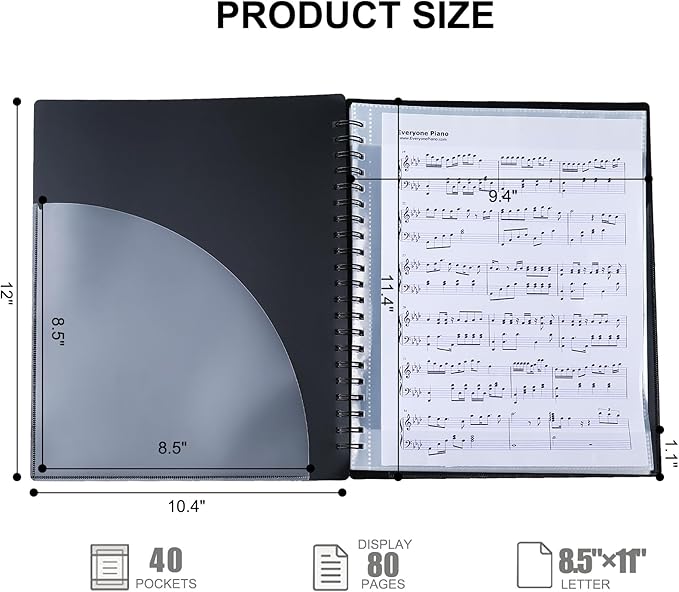 Piano Sheet Music Folder Organizer: 40 Plastic Sleeves Display 80 Pages Spiral Music Binder Organizer - Size Letter 8.5 x 11 Storage Folder for Choral Band Orchestra Choir (Black)