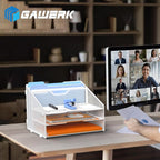 GAWERK Letter Tray Organizer, Mesh Desk File Organizer with 3 Paper Trays and 2 Vertical Upright Section (White)