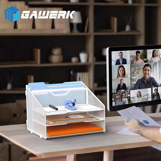 GAWERK Letter Tray Organizer, Mesh Desk File Organizer with 3 Paper Trays and 2 Vertical Upright Section (White)