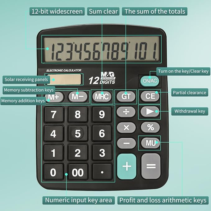 M&G Desk Calculator 12 Digit Office Calculators with Large LCD Display, Dual Solar Power and Battery, Recessed Big Button Calculator for Office Home (Black, Pack of 5)