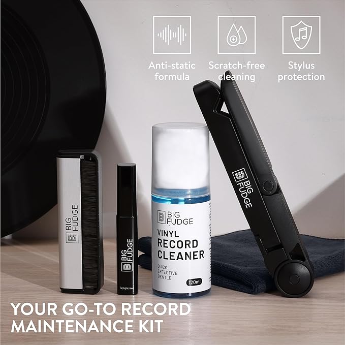 Big Fudge Complete Vinyl Record Cleaning Kit - 6-in-1 Vinyl Cleaner - incl. Carbon Fiber Brush, Stylus Cleaner, Drying Stand, Microfiber Cloth & Towel - Record Player Accessories