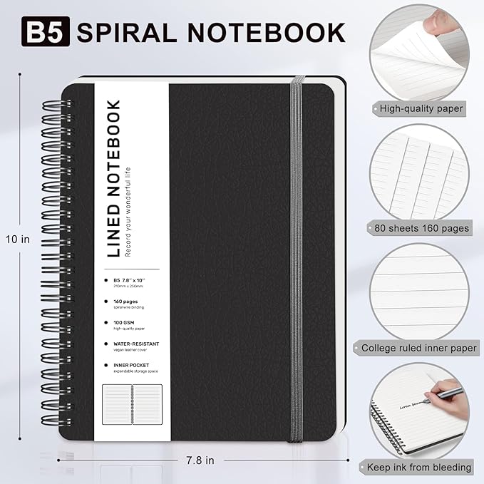 Lined Spiral Journal Notebook, B5 Spiral Notebook, 7.8''×10'' Journaling Notebooks for Work, School, Women, College Ruled Spiral Notebook, Hardcover Leather Notebook for Note Taking Business, Black