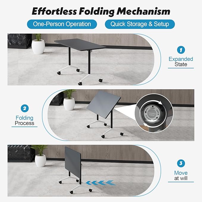 Goakwwuz Conference Room Table, Folding Conference Tables,Thicken Grey Tabletop,Flip Top Wooden Seminar Meeting Room Table for Conference Room Offices (4, Black, 61.0“)