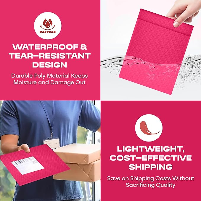 Fuchsia Small Poly Bubble Mailers 6x10 inch #0 | Self Seal Padded Envelopes | Cushioned Bubble Mailer | Usable Size 6x9 | WaterProof | Lightweight mailing Shipping Bags | 250 Pack Bulk | Made in USA