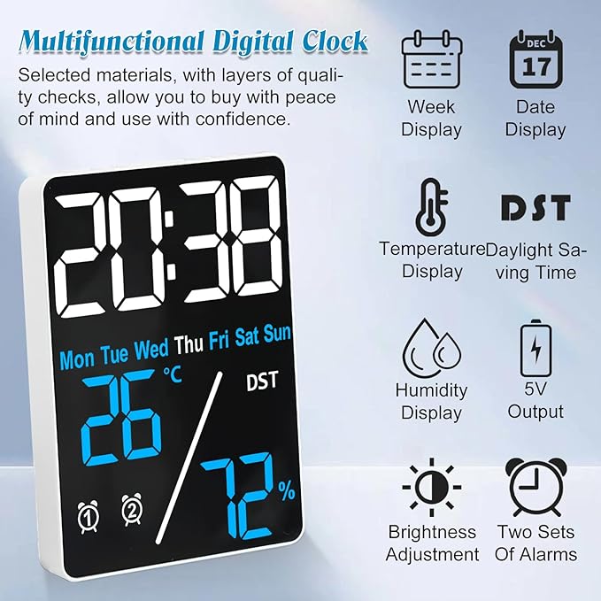 Kytree Digital Room Thermometer Hygrometer Alarm Clock, 5.9 inch Desktop Accurate Humidity Temperature Monitor Meter for Indoor Outdoor Kitchen Office Bedroom Livingroom (Battery Not Included)