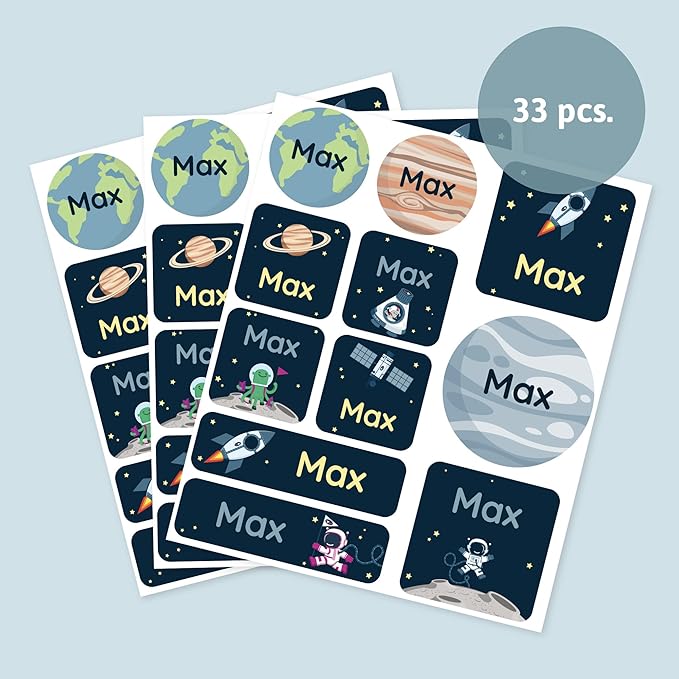 Large Name Labels for Kids (33) - Custom Stickers for Daycare and School Supplies - Durable, Waterproof Stickers for Water Bottles, Lunch Boxes, and More with Unique Designs - Universe