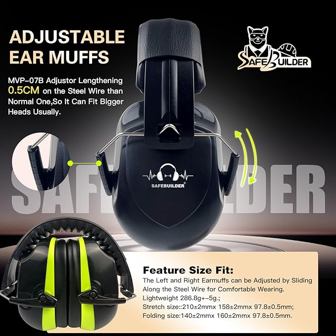 SAFEBUILDER Ear Muffs Noise Reduction SNR 33dB Adjustable Lightweight Safety Earmuffs Sound Proof Noise Cancelling ANSI
