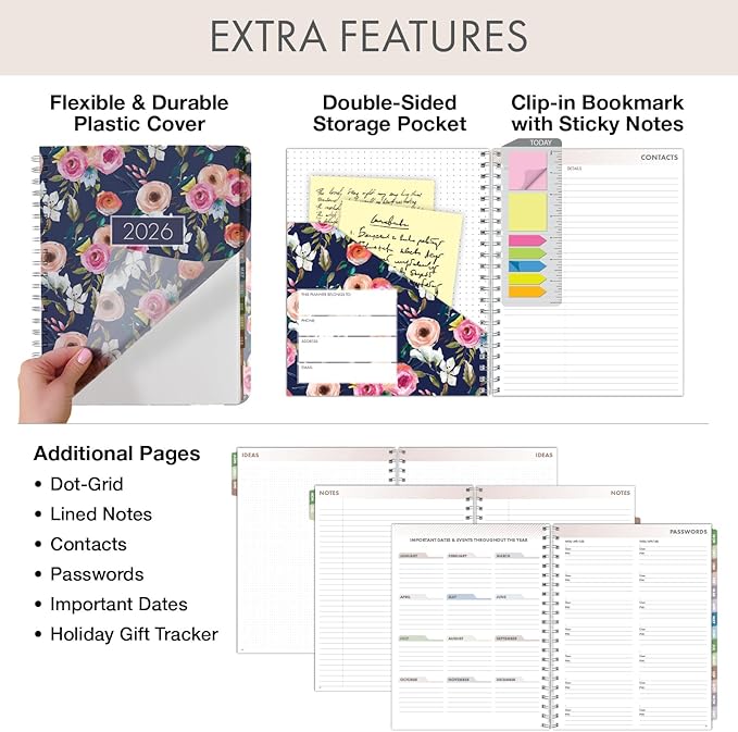 Essential PRO 2026 Daily, Weekly & Monthly Planner, 8.5"x11": 14 Months (Nov 2025 - Dec 2026) Monthly Tabs,Daily Tracking,Notes Pages,Storage Pocket,Bookmark w Sticky Notes (Small Navy Floral)