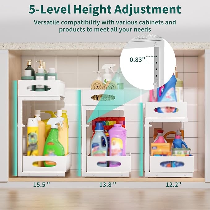 Beleeb Under Sink Organizer, 2 Pack 2 Tier Metal Slide Out Pull Out Cabinet Organizer Shelf, Height Adjustable Organization and Storage Series, Bathroom/Desktop/Cabinet/Kitchen organization, White