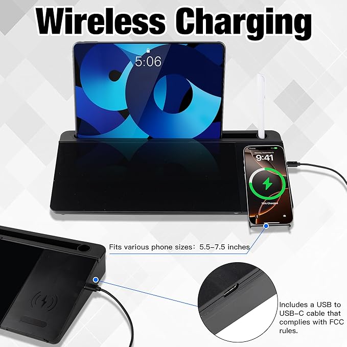 Glass Desktop Whiteboard with Wireless Charger & Storage, Desk Dry Erase Note Memo Board, Compact Desk Organizer for Desk, Office, School Supplies, Black, 2026