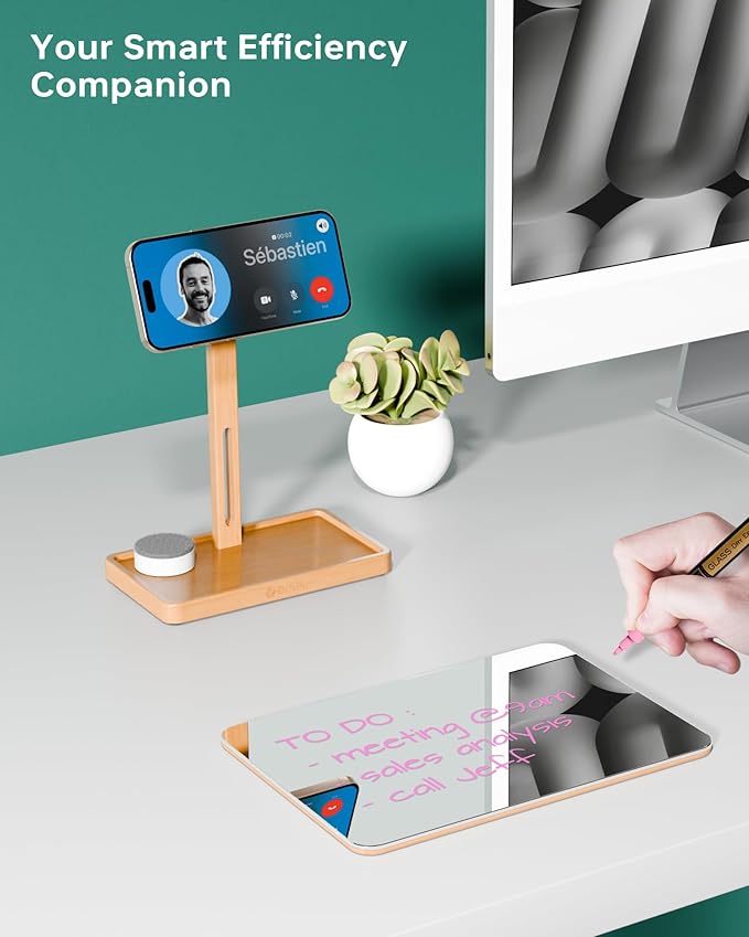 YEOUX Premium Desktop Glass Mirror, Dry Erase Board & Magnetic Phone Stand 3-in-1 | 360° Adjustable | Solid Wood | Compatible with Magsafe, Small Whiteboard for Office Home Desk