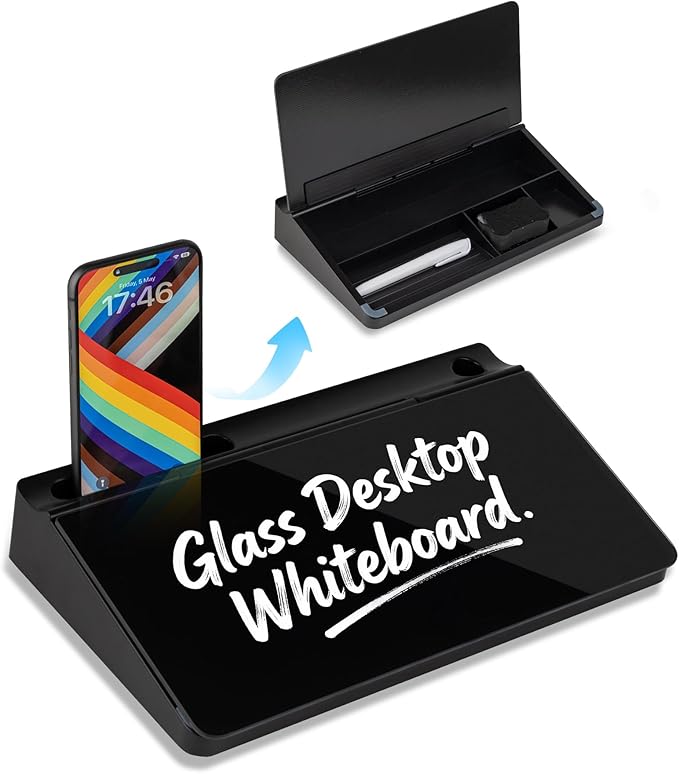 Small Glass Desktop Whiteboard 11.8×7”, Dry Erase Note Memo Board, Desk Organizer with Storage for Desk, Office, School Supplies, Black, 2026