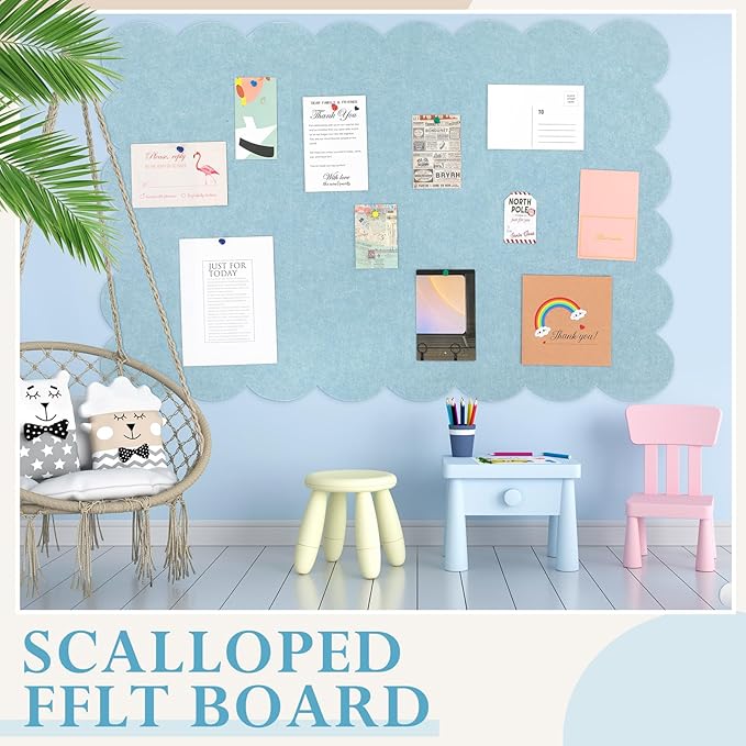 Mooliwe Scalloped Felt Bulletin Board 72 x 48 Inches Foldable Light Blue Pin Cork Board Alternative for Wall, 6' x 4' Trifold Picture Vision Self Adhesive Bulletin Decorative
