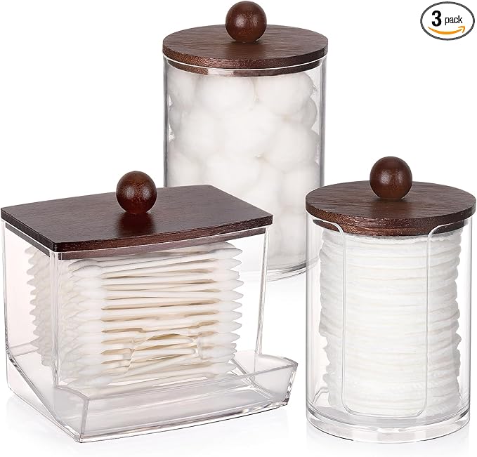 Tbestmax Bathroom Organizer Accessories Set-10 oz,7 oz Qtips Holder Storage with Bamboo Lids, Cotton Ball/Swabs Dispenser, Apothecary Jar 3 Pcs