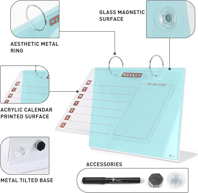 Desktop Glass Dry Erase & Acrylic Aesthetic Calendar Weekly to-do List Combo, Small Magnetic Standing Whiteboard, Desk Flip Easel Calendar with Accessories for Home Office Supply, Aqua Blue, 9 x 7''