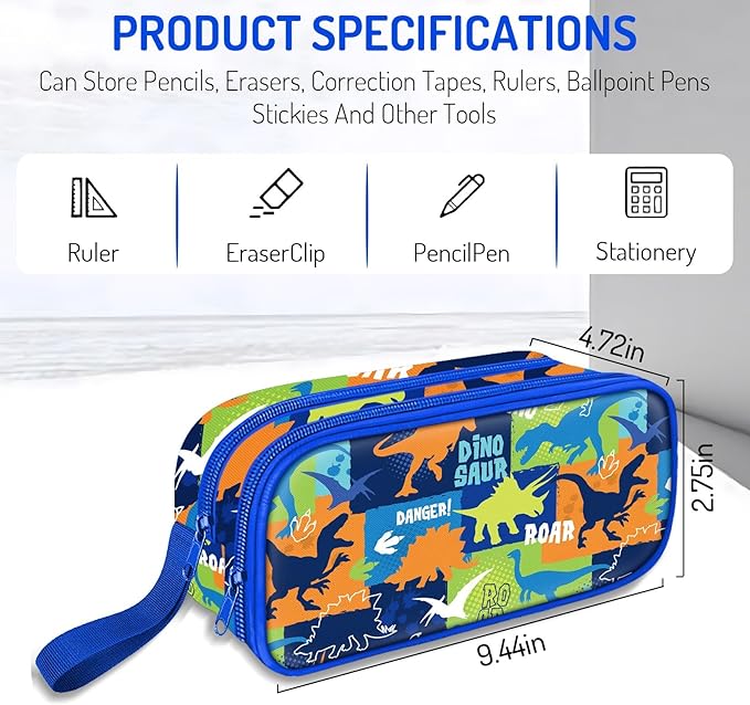 Fitvc Large Pencil Case for Boys,Dinosaur Boys Pencil Pouch for Kids Teens School,Large Capacity Pen Box Marker Organizer for School