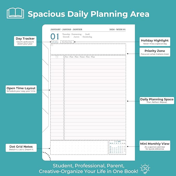 IN-LUXPRO Daily Planner 2026 with One Page Per Day,(A5-8.5" x 5.9"),12 Months Calendar Hourly Appointment Book Monthly Tabs & Self-adhesive Pen Holder,Inner Pocket, Vegan Leather Hardback,Light Blue
