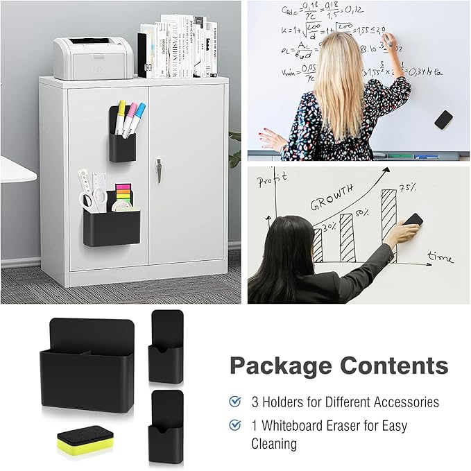MoKo Magneitc Dry Erase Marker Holder Set, 3-Pack Magnetic Marker Pencil Pen Holder Cup Organizer for Metal & Magnetic Surface, 1 Large with Divider & 2 Small Holders & 1 Dry Erase, Black