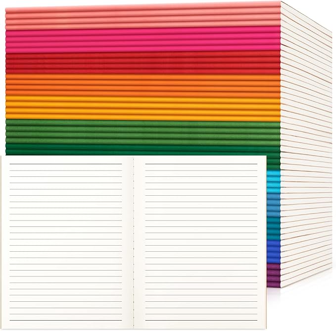 48 Pack Lined Notebook Journals Bulk, 7-1/2" x 9-3/4", Wide Ruled Paper, 30 Sheets/60 Pages, Kraft Cover with Rainbow Spines, 12 Colors Lined Composition Notebook Journal for Work Study Note Taking