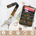 bolimoss Bookshelf Lanyard Wallet for Women Teacher, Goth Skull Leathe RFID Small Keychain Wallet Credit Card Holder Breakaway Wrist Neck Strap for Key Name Tag