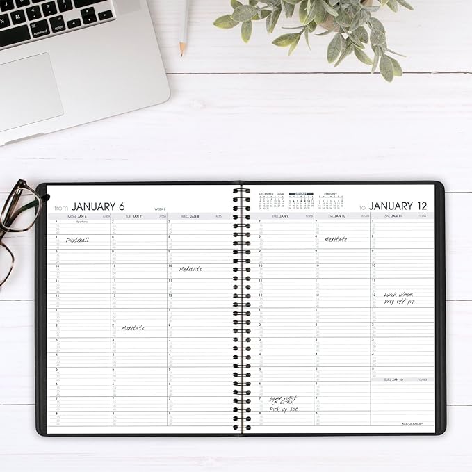 AT-A-GLANCE 2025 Appointment Book Planner, Weekly, 7" x 8-3/4", Medium, Quarter-Hourly, Black (709510525)
