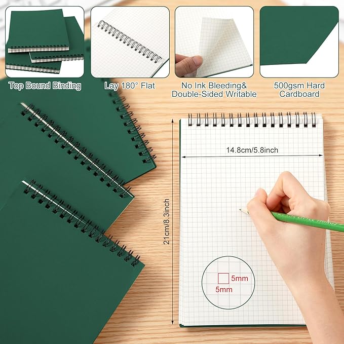 Engrowtic 6 Pack Graph Paper Spiral Notepad A5 Top Wirebound Notepad Grid Notebook Steno Pads Memo Notebook Grid Paper 140 Pages for Writing Sketching Drawing Office Supplies (Dark Green)