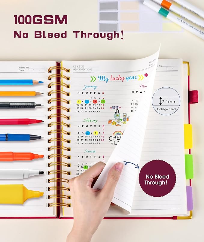Hardcover Spiral Notebook Journal with Removable Dividers Tabs, 300 Pages Leather 5 Subject Notebook College Ruled, 8"x10" Large B5 Notebooks for Work School Note taking, Lined Journal for Women, Rose
