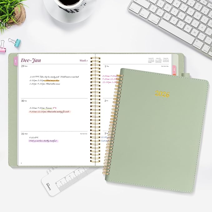 2026 Planner, Annecy Weekly ＆ Monthly Planner 2026, Jan. 2026 – Dec. 2026, 9" x 11" Monthly Agenda Planner with Tabs, Vegan Leather Cover, Spiral Binding, Double-sided Pocket, Bookmark, Green
