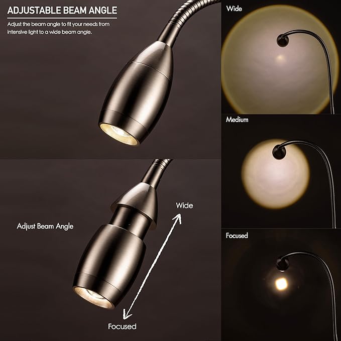 O'Bright Lumos - Versatile Clip-on Lamp: Zoomable Spotlight, Dimmable LED, Flexible Gooseneck, 4000K Light, 100% Metal Clamp - Ideal for Reading, Crafting, Work, and Headboards, Brushed Nickel