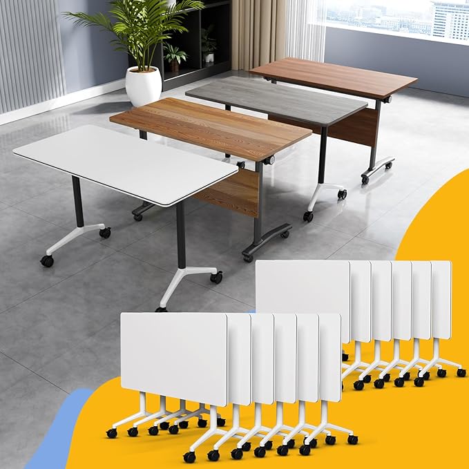 Conference Table Flip Top Mobile Conference Room Tables,Folding Conference Table with Wheels,Large Meeting Training Seminar Table Saving Space for Office Classroom (12, White, 47.2'')