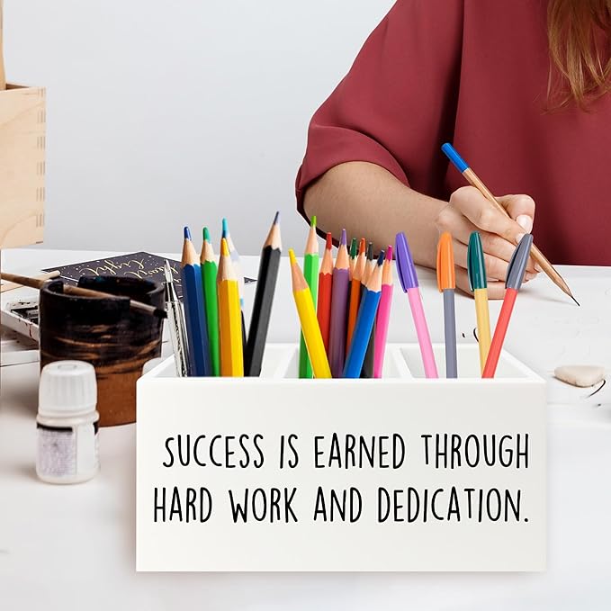 QZQE Motivational Gifts Pen Pencil Holder Organizer for Desk, Success Is Earned Through Hard Work and Dedication Inspirational Wooden Box Signs Decorations for Home Office Desk Tabletop