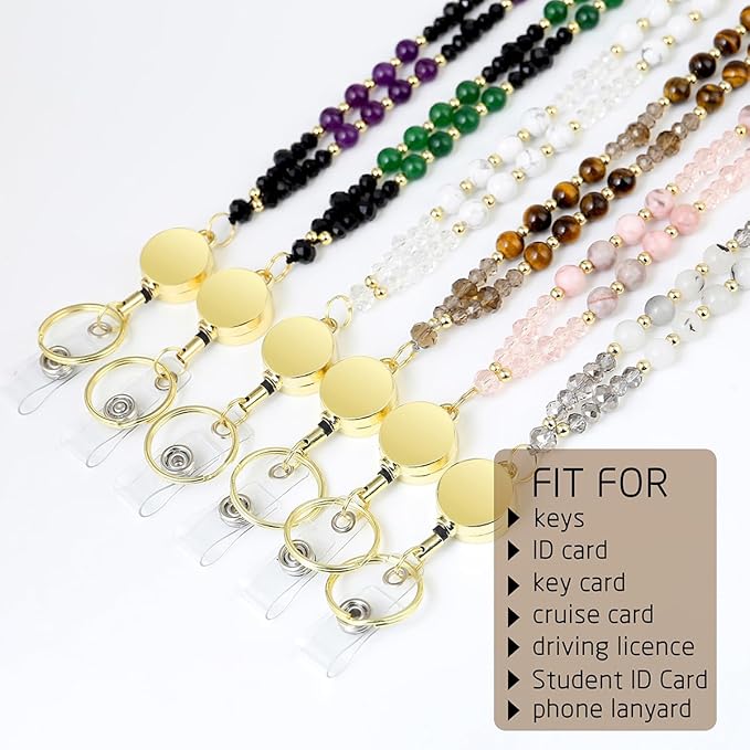 AIDSOTOU Lanyards for ID Badges and Keys,Natural Stone Beaded Teacher Lanyard for Women,Retractable Lanyard with ID Holder Cute Lanyards for Teachers (Black)