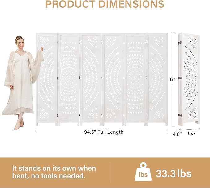 5.6 Ft Folding Room Divider, Portable Privacy Screen & Partition, No Assembly Required for Use as Cat Litter Box Cover, Clutter Hider, Room Separator, 6 Panels (White)