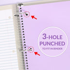SUNEE Spiral Notebook, 1-Subject, Wide Ruled Paper, 8" x 10-1/2", 100 Sheets per Notebook, 3-Hole Punched Paper, Water Resistant Cover, Double-sided Pockets, Spiral Lined Notebooks for School, Purple
