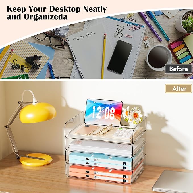 StorBin 4 Trays Paper Organizer Letter Tray, Acrylic Stackable Desk File Organizer, Clear Office Desk Organizer for File Paper, Ipad, Letter, A4 Office File, Books, Notes