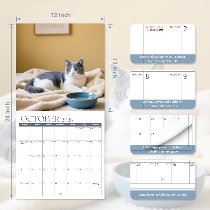 2026 Wall Calendar, Large Monthly Wall Calendar Dogs, Jan 2026 - Dec 2026, 12" x 24" (Opened), Hanging Planning Calendars for Family Home Office Supplies