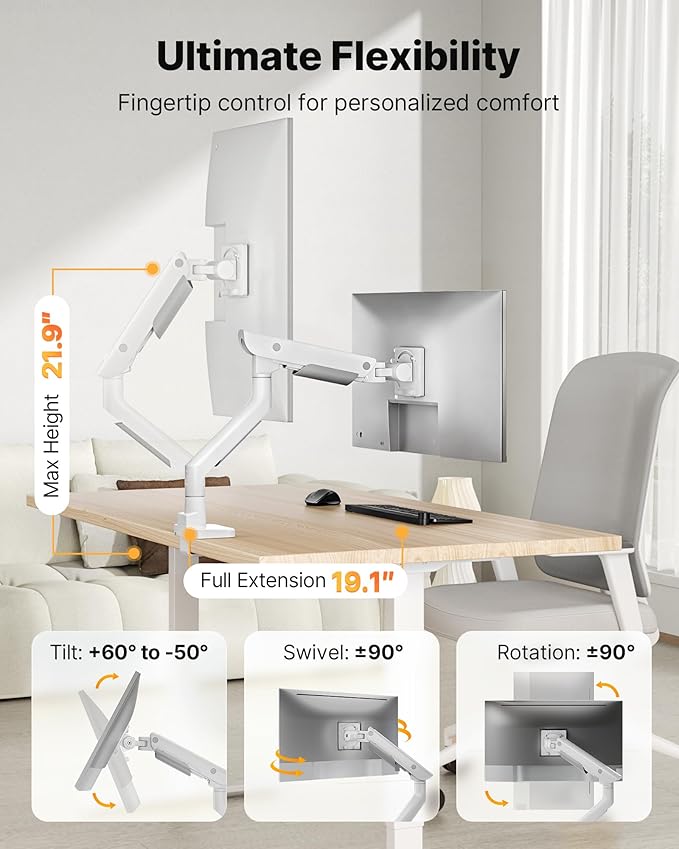 monTEK Sleek Aluminum Monitor Arm for 17–57” Ultrawide Screens up to 59.4 lbs, Heavy Duty Single Monitor Arm Desk Mount, Pneumatic Lift, Quick-Release Plate, Clamp/Grommet, Max VESA 100x100