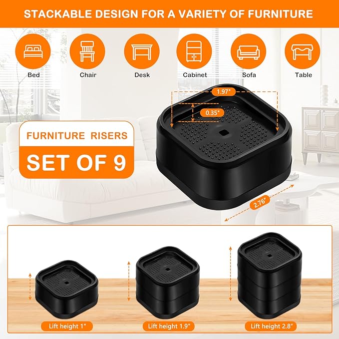 shouwuhho 9 Pack Furniture Risers Adjustable Bed Risers Heavy Duty Lifts Height 1", Square Stackable Bed Risers 1, 2 or 3 Inch for Desk Leg Table Couch Sofa Chair Bed Frame Legs Dorm, Black