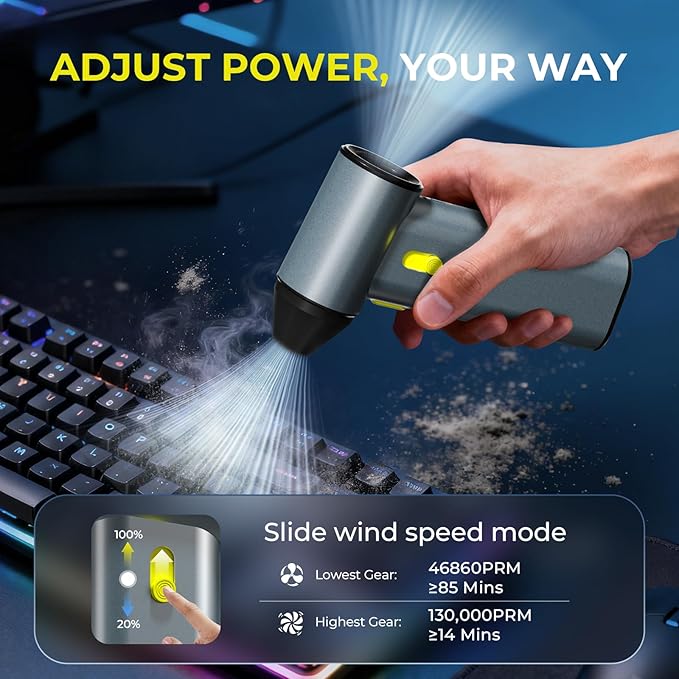 Sestin Compressed Air Duster, 130000RPM Brushless Motor, Super Power Air Duster Electric, Aluminum Alloy Body, Dust Blower with Fast Charging for Car, Computer, Keyboard, Outdoors and House