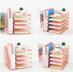 LEKETREE Desk Organizers and Accessories, 5-Tier Paper Letter Tray Organizer with File Holder, Desktop Organizer for Office Supplies (Rose Gold)