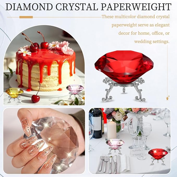 PATIKIL Diamond Crystal Paperweight, 100mm / 3.94" Crystal Paperweight Paper Weight with Silver 25 Metal Base for Home Office Desktop Table Decor Wedding Party Ornaments, Red